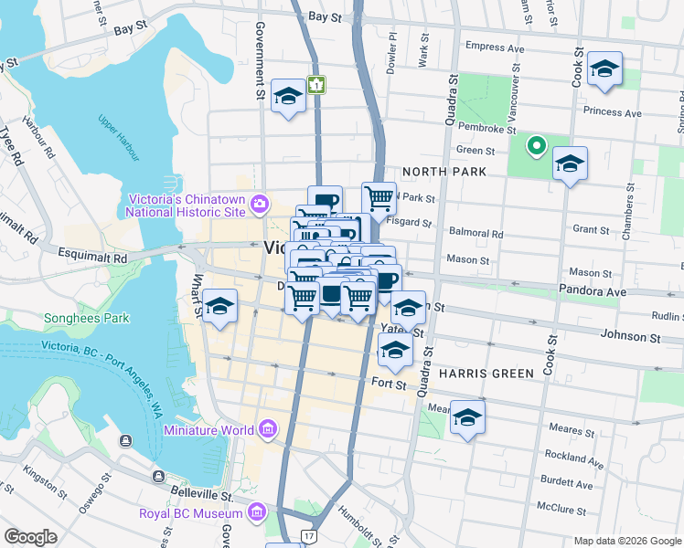 map of restaurants, bars, coffee shops, grocery stores, and more near 101-749 Pandora Avenue in Victoria
