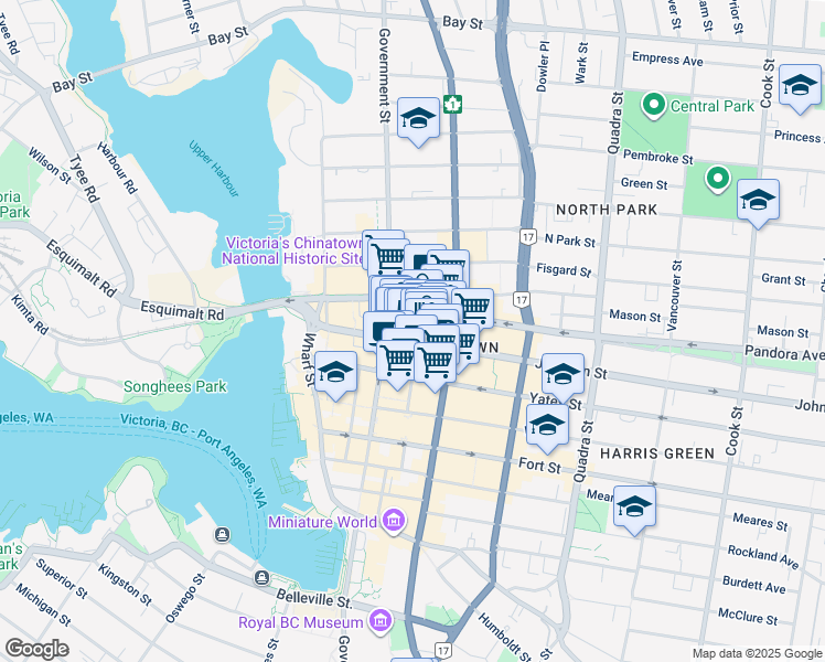 map of restaurants, bars, coffee shops, grocery stores, and more near 1407 Broad Street in Victoria