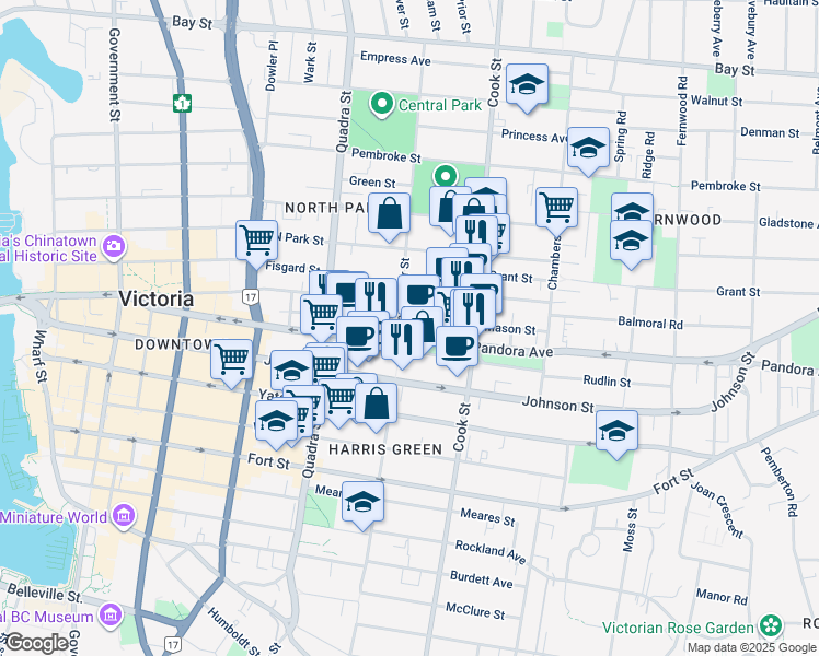 map of restaurants, bars, coffee shops, grocery stores, and more near in Victoria