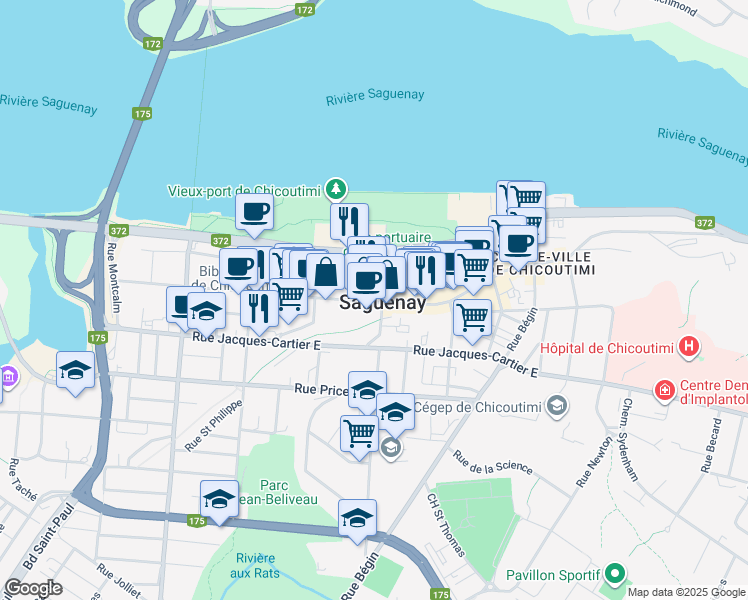 map of restaurants, bars, coffee shops, grocery stores, and more near 261 Rue Racine Est in Saguenay