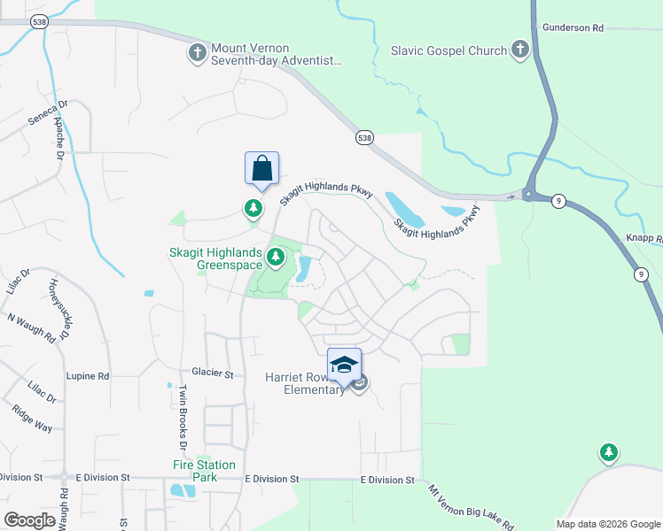 map of restaurants, bars, coffee shops, grocery stores, and more near 817 Crested Butte Boulevard in Mount Vernon