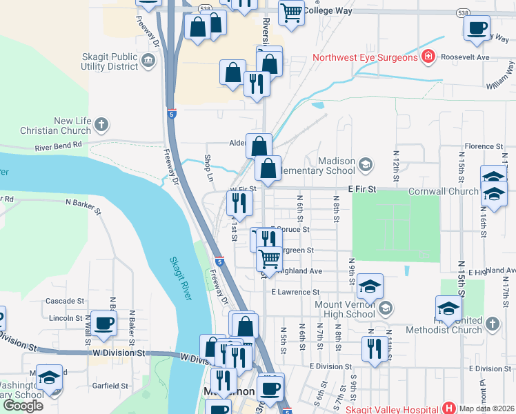 map of restaurants, bars, coffee shops, grocery stores, and more near 731 North 4th Street in Mount Vernon