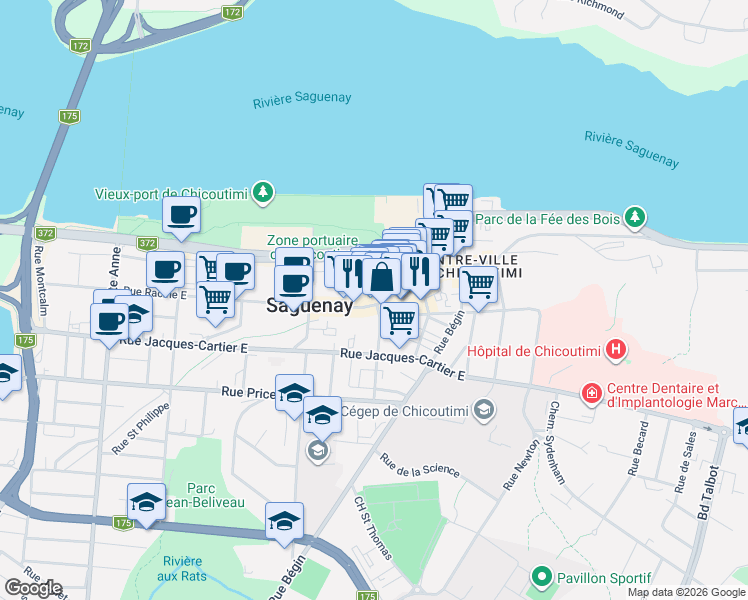 map of restaurants, bars, coffee shops, grocery stores, and more near 365 Rue Racine Est in Saguenay