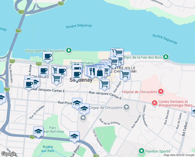 map of restaurants, bars, coffee shops, grocery stores, and more near 365 Rue Racine Est in Saguenay