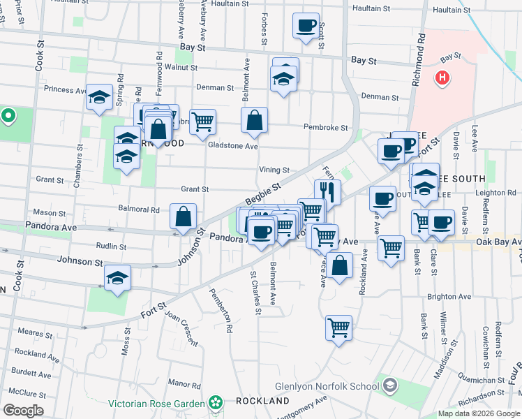 map of restaurants, bars, coffee shops, grocery stores, and more near 1616 Belmont Avenue in Victoria