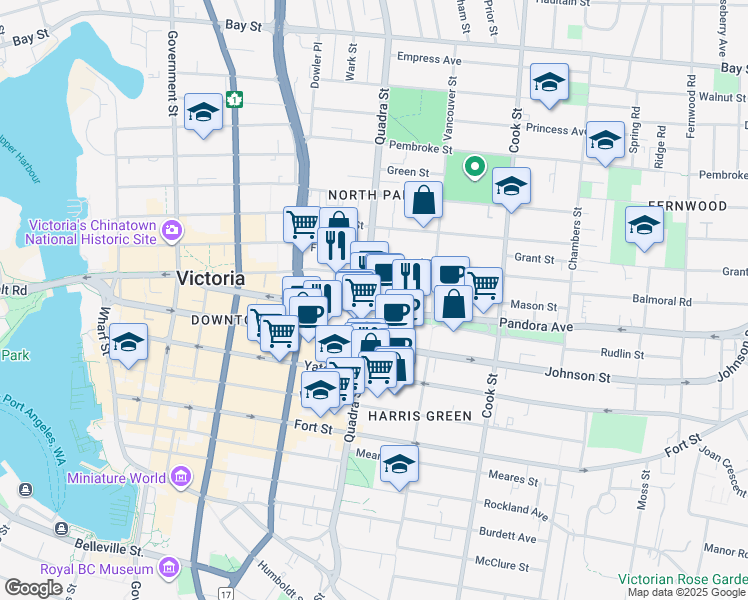 map of restaurants, bars, coffee shops, grocery stores, and more near 908 Pandora Avenue in Victoria