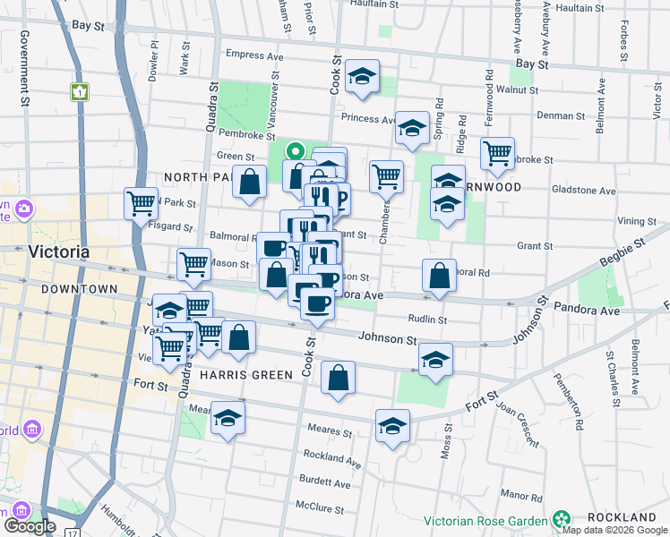 map of restaurants, bars, coffee shops, grocery stores, and more near 1635 Cook Street in Victoria