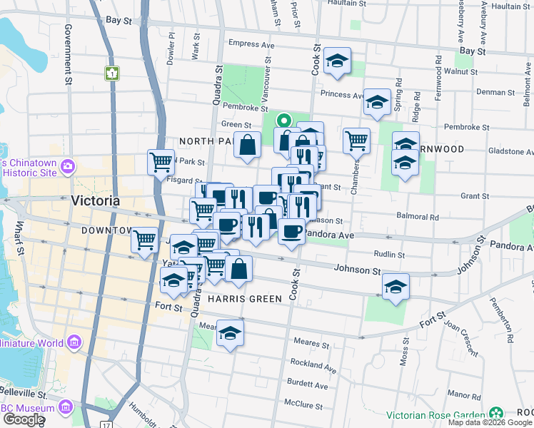 map of restaurants, bars, coffee shops, grocery stores, and more near 1008 Pandora Avenue in Victoria