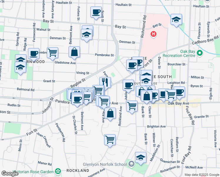 map of restaurants, bars, coffee shops, grocery stores, and more near 1669 Fort Street in Victoria