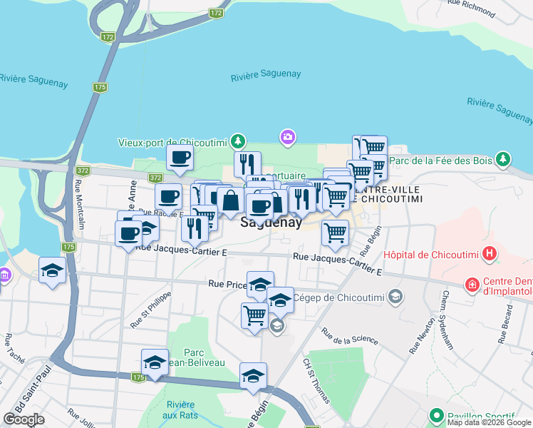 map of restaurants, bars, coffee shops, grocery stores, and more near 267 Rue Racine Est in Saguenay