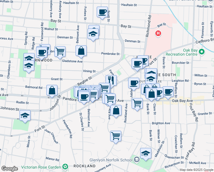map of restaurants, bars, coffee shops, grocery stores, and more near 1670 Fort Street in Victoria