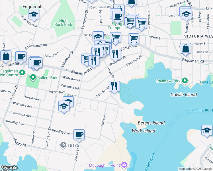 map of restaurants, bars, coffee shops, grocery stores, and more near 556 Paradise Street in Victoria