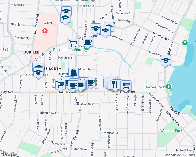 map of restaurants, bars, coffee shops, grocery stores, and more near 1701 Elgin Road in Victoria