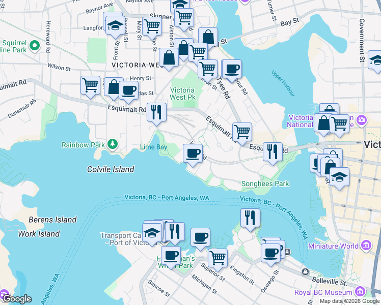 map of restaurants, bars, coffee shops, grocery stores, and more near in Victoria