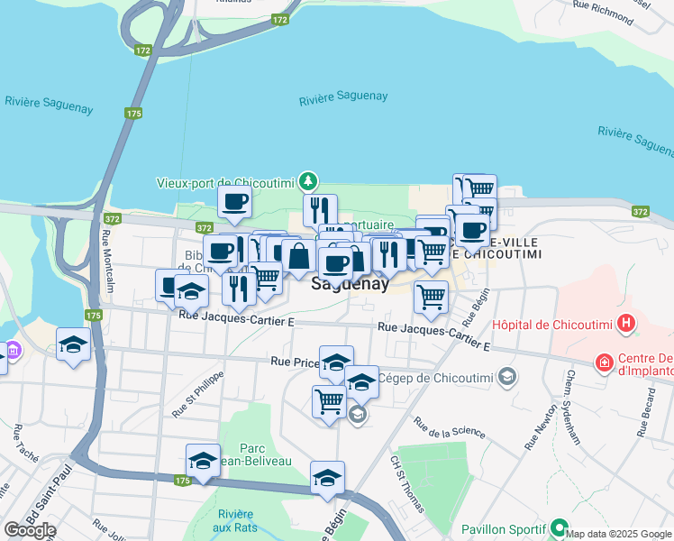 map of restaurants, bars, coffee shops, grocery stores, and more near 261 Rue Racine Est in Saguenay