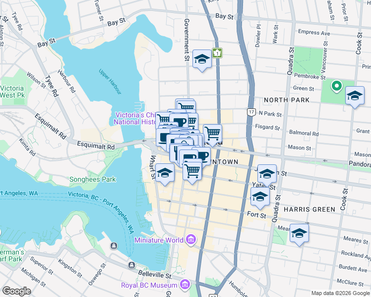 map of restaurants, bars, coffee shops, grocery stores, and more near 599 Pandora Avenue in Victoria