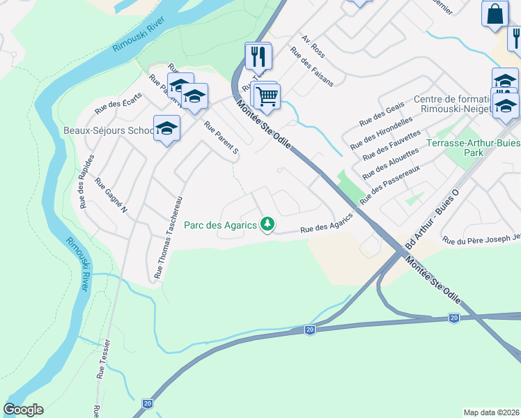 map of restaurants, bars, coffee shops, grocery stores, and more near 540 Rue des Agarics in Rimouski