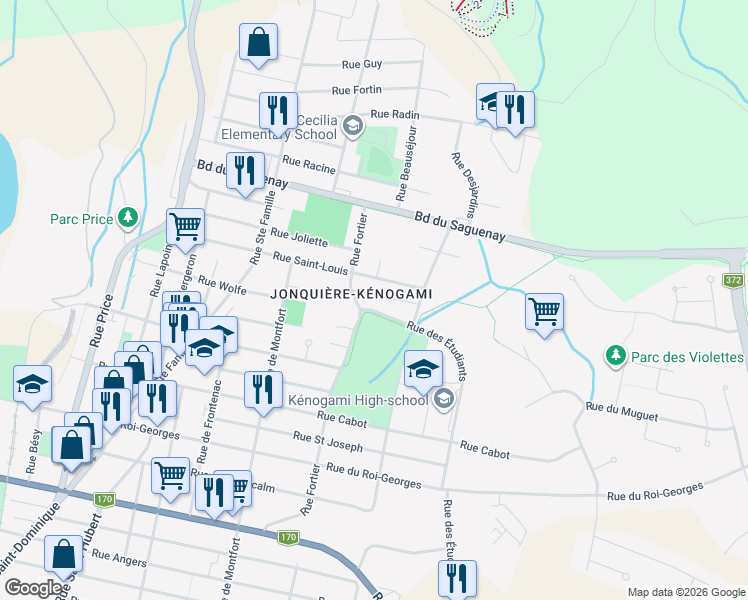 map of restaurants, bars, coffee shops, grocery stores, and more near 1857 Rue des Étudiants in Saguenay