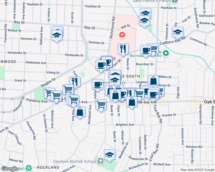 map of restaurants, bars, coffee shops, grocery stores, and more near 1625 Richmond Avenue in Victoria