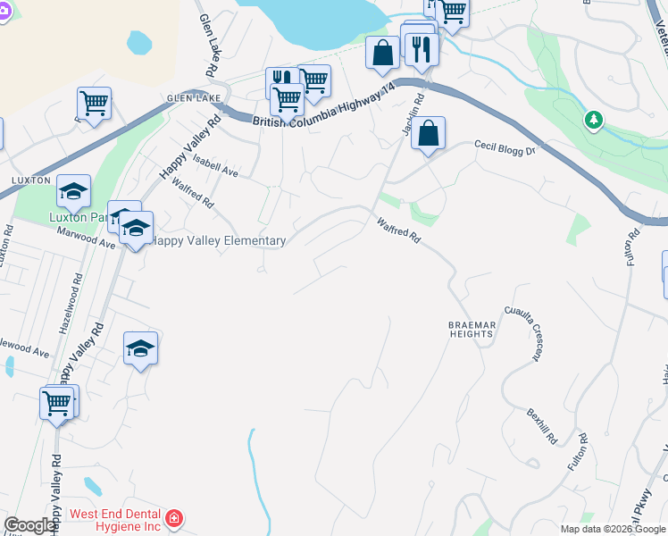 map of restaurants, bars, coffee shops, grocery stores, and more near 3492 Myles Mansell Road in Victoria