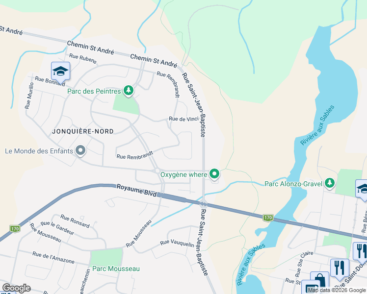 map of restaurants, bars, coffee shops, grocery stores, and more near 3962 Rue Rembrandt in Saguenay