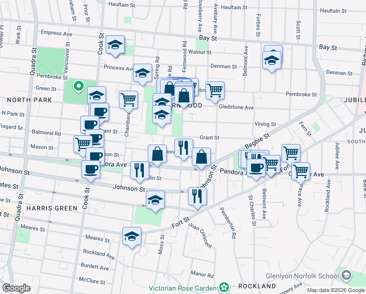 map of restaurants, bars, coffee shops, grocery stores, and more near 1617 Fernwood Road in Victoria