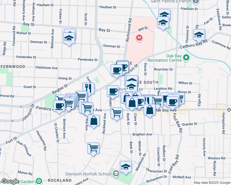 map of restaurants, bars, coffee shops, grocery stores, and more near 1745 Leighton Road in Victoria