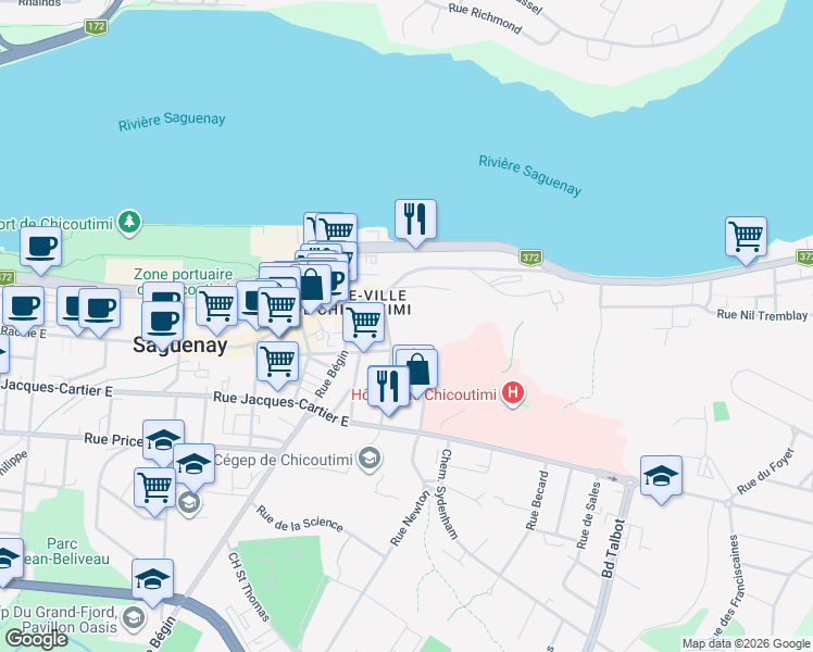 map of restaurants, bars, coffee shops, grocery stores, and more near 225 Rue du Séminaire in Saguenay