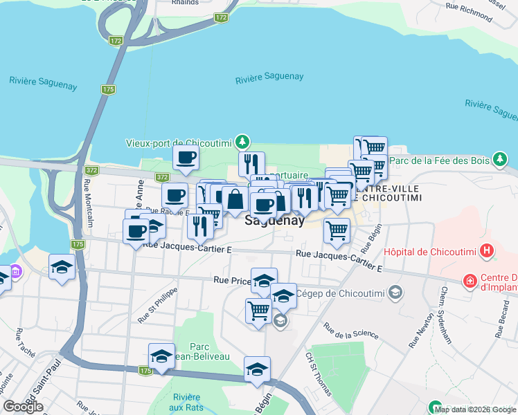 map of restaurants, bars, coffee shops, grocery stores, and more near 243 Rue Racine Est in Saguenay