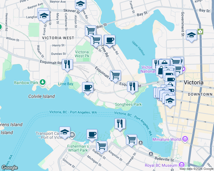 map of restaurants, bars, coffee shops, grocery stores, and more near 66 Songhees Road in Victoria
