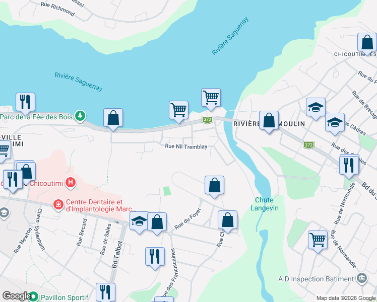 map of restaurants, bars, coffee shops, grocery stores, and more near 1056 Rue Nil Tremblay in Saguenay