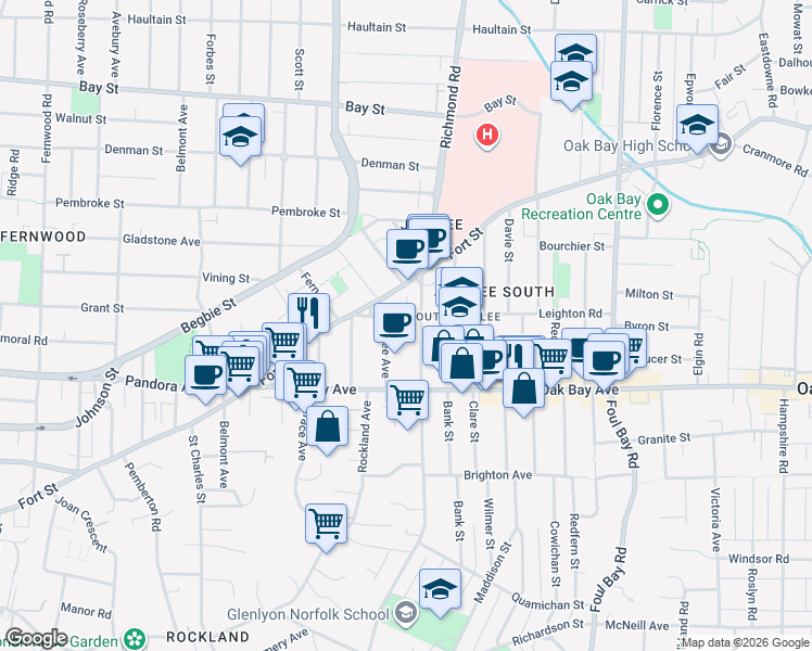 map of restaurants, bars, coffee shops, grocery stores, and more near in Victoria