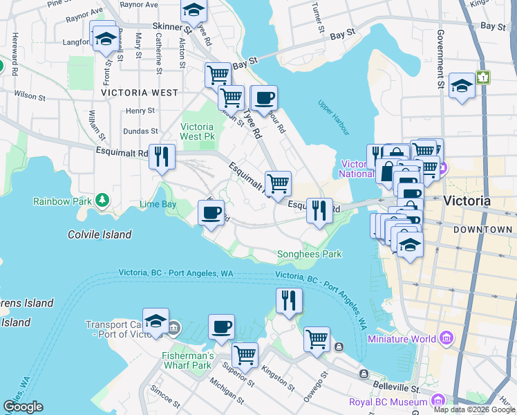 map of restaurants, bars, coffee shops, grocery stores, and more near 66 Songhees Road in Victoria