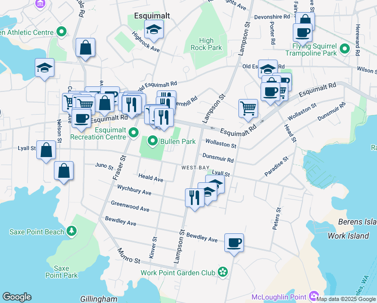 map of restaurants, bars, coffee shops, grocery stores, and more near 519 Joffre Street in Victoria