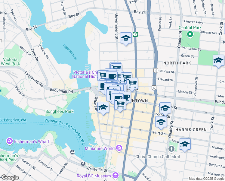 map of restaurants, bars, coffee shops, grocery stores, and more near 1328 Government Street in Victoria