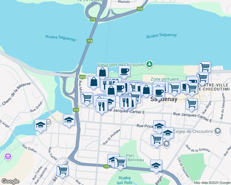 map of restaurants, bars, coffee shops, grocery stores, and more near 55 Rue Racine Est in Saguenay
