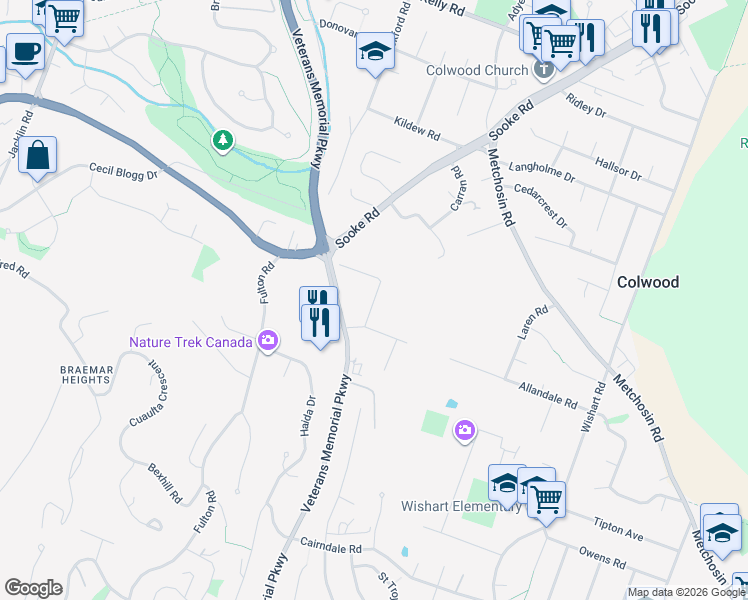 map of restaurants, bars, coffee shops, grocery stores, and more near Wildcat Trail in Colwood