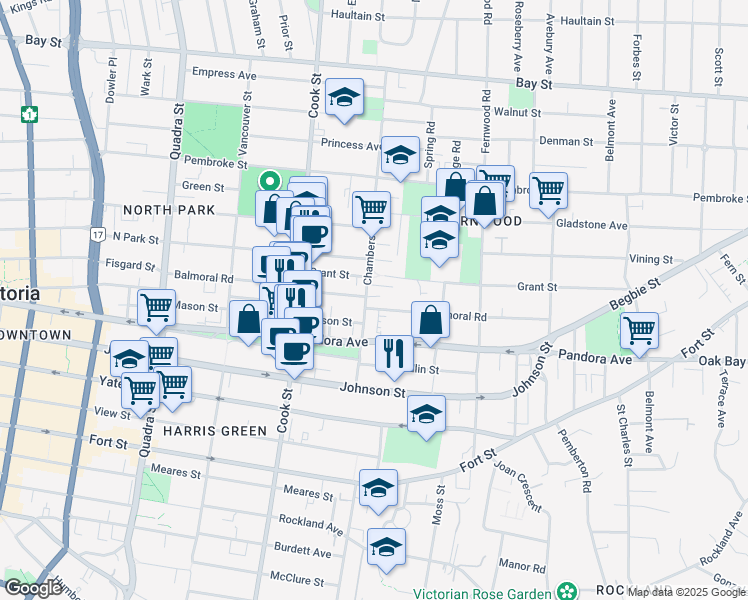 map of restaurants, bars, coffee shops, grocery stores, and more near 1210 Balmoral Road in Victoria