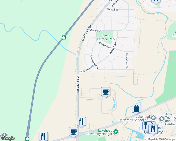 map of restaurants, bars, coffee shops, grocery stores, and more near 300 South Creek Street in Thunder Bay