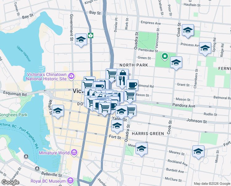 map of restaurants, bars, coffee shops, grocery stores, and more near 1515 Blanshard Street in Victoria