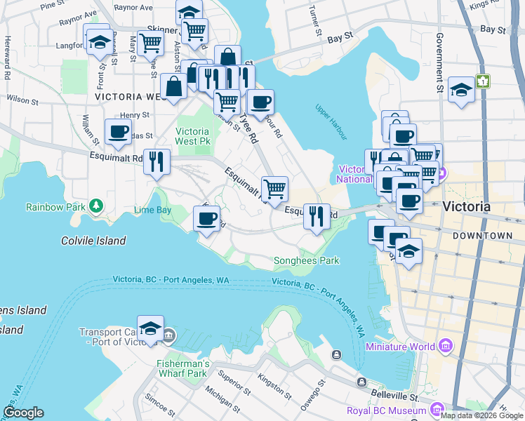 map of restaurants, bars, coffee shops, grocery stores, and more near in Victoria