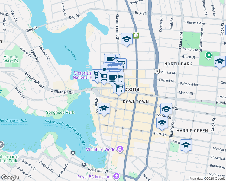 map of restaurants, bars, coffee shops, grocery stores, and more near 595 Pandora Avenue in Victoria