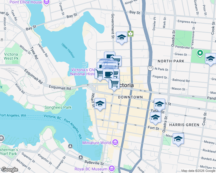 map of restaurants, bars, coffee shops, grocery stores, and more near 17 Fan Tan Alley in Victoria
