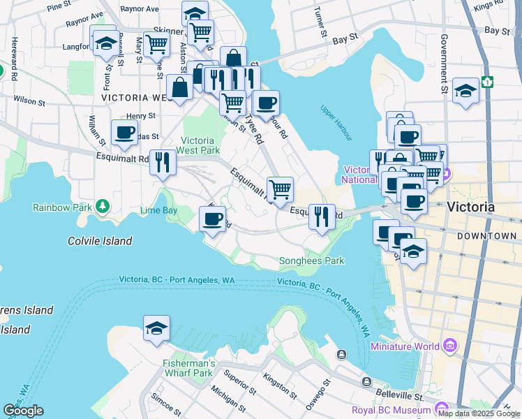 map of restaurants, bars, coffee shops, grocery stores, and more near 100 Saghalie Road in Victoria