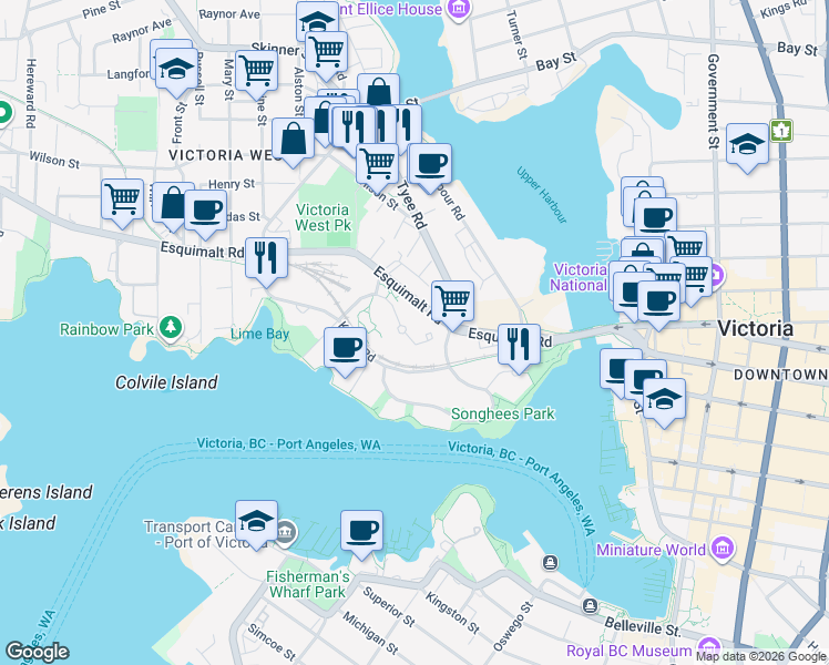 map of restaurants, bars, coffee shops, grocery stores, and more near 742 Saghalie Road in Victoria