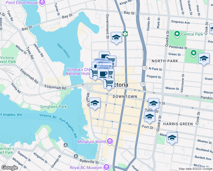 map of restaurants, bars, coffee shops, grocery stores, and more near 599 Pandora Avenue in Victoria