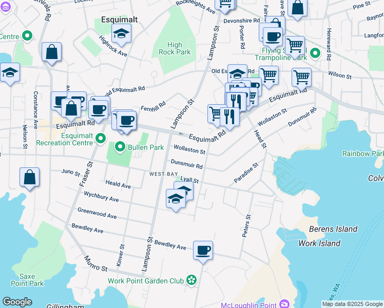map of restaurants, bars, coffee shops, grocery stores, and more near 1019 Wollaston Street in Victoria