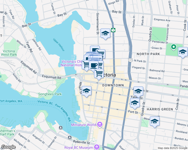 map of restaurants, bars, coffee shops, grocery stores, and more near 595 Pandora Avenue in Victoria
