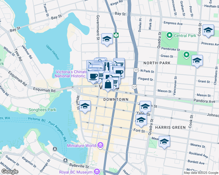 map of restaurants, bars, coffee shops, grocery stores, and more near in Victoria