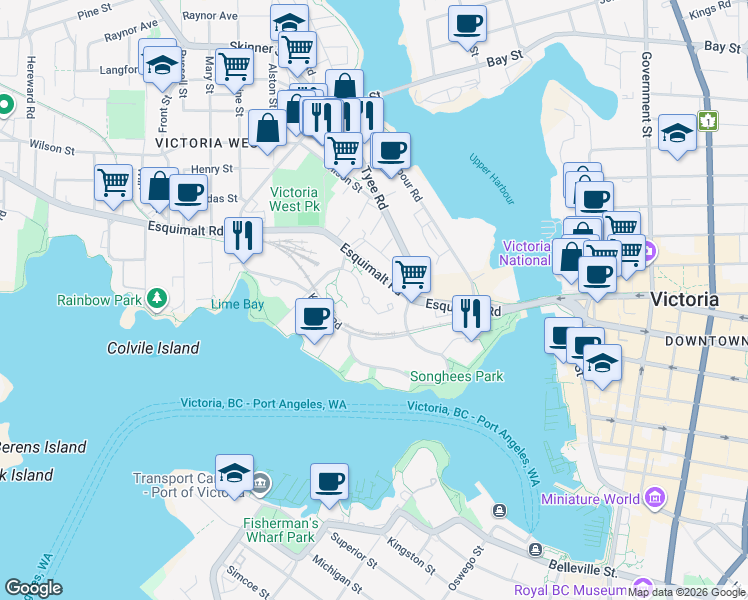 map of restaurants, bars, coffee shops, grocery stores, and more near 742 Saghalie Road in Victoria